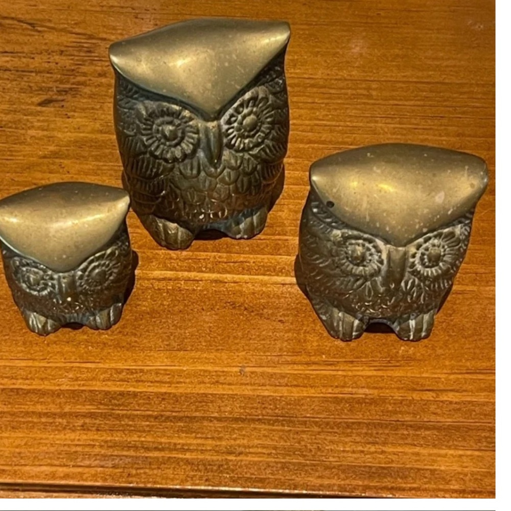 Solid Brass Vtg Leonard  owl Figurine Set